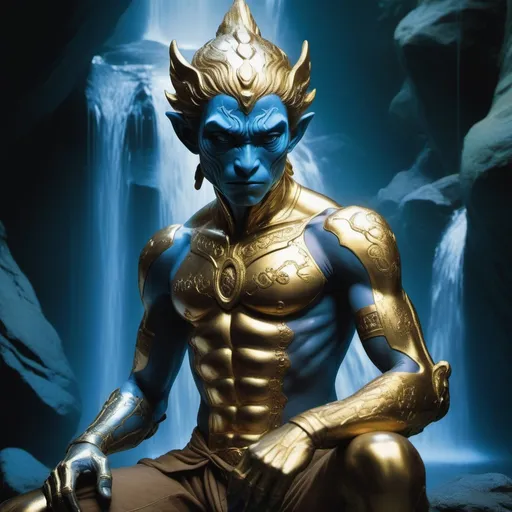 Prompt: Double-exposure; high-angle glossy (abe sapien: 1.0) Sun Wukong 孙悟空 in gold and vintage blue intricate glass armor, dynamic pose, glowering expression, waterfalls, intense blacks, nighttime; sepia, amber, golden brown, blue-grey, green, cold purple neon light; sergio toppi, jae lee, david mack, joe chiodo, humberto ramos, Makoto Shinkai, J.C. Leyendecker, ilya Kuvshinov, Royo, Karol Bak, Alphonse Mucha, Jordan Grimmer, Greg Rutkowski