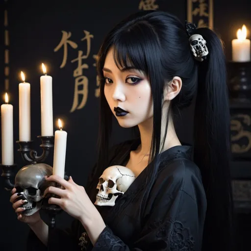 Prompt: beautiful gothic Japanese girl, anime style, holding a skull in her hand, in profile, with black lips, with black Chinese hair, illuminated by candles