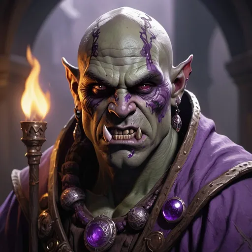 Prompt: cultist orc from dungeons and dragons, shaved face, full of scars, burned face, wearing robes with small violet ornaments,  photoshop painting in the art style of Johaness Vess a masterpiece, 8k resolution, dark fantasy concept art, by Greg Rutkowski, dynamic lighting, hyperdetailed, intricately detailed, Splash screen art, trending on Artstation, deep color, Unreal Engine, volumetric lighting