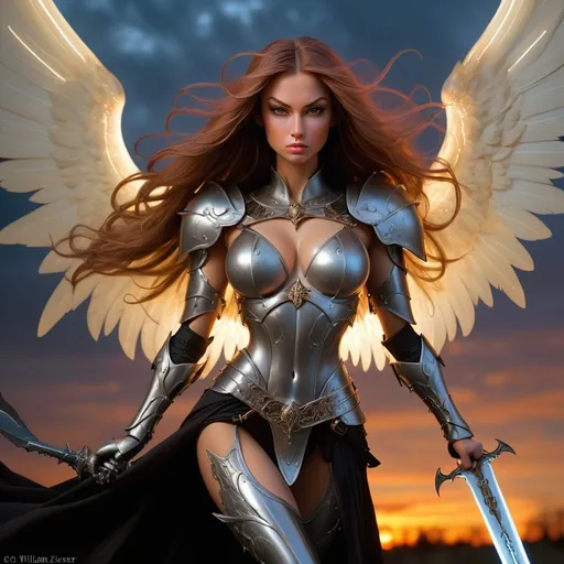 Prompt: angelic godess witchblade, spread dark angel wings, in the twilight sky, medieval armor with geoglyph engraves, in action, with a lumino kinetic glowing sword, style by William Oxer, Nickolas Muray, Aliza Razell, Charles Robinson, esao Andrews. faerietale couture, dark fantasy,