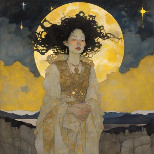 Prompt: Midsoma Schiele - Wyeth - Waterhouse Style Detailed Illustration Of The Goddess Of Stars Wearing ornate Thai dress, Mysterious And Charming, Metaphysical Symbolism, Enlightenment, Baroque Ukiyo Art, Wlop , A Yellow Moon, Cloudy Night, Suspension, Ominous, Landscape, Elaborate starry night, Dynamic Lighting Hyperdetailed Intricately Detailed Full-Color Cityscape, Oil On Canvas ,thai face, portrait, Embarrassed Expression, Martine Johanna, hyperdetail, realistic,