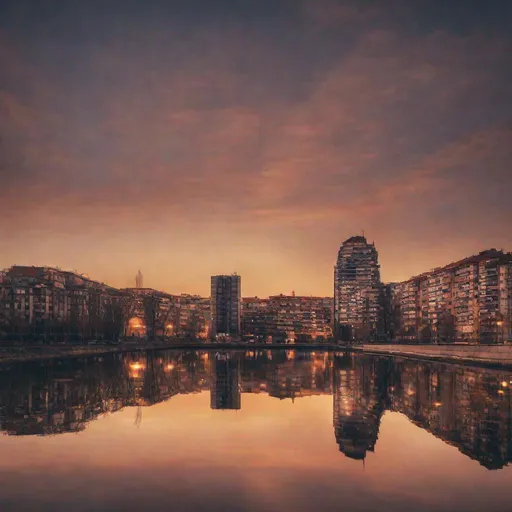 Prompt: photo d'une ville se reflet dans un lac au couché du soleil