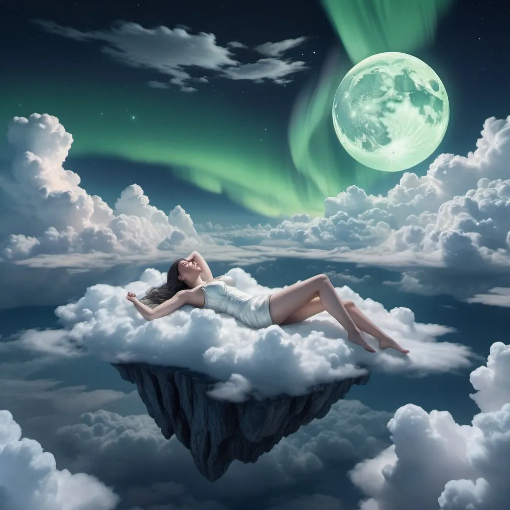 Prompt: giant,  gigantic woman, perfect features laying on clouds above miniature landscape, aurora in the sky, full moon, cell shading, stunning visuals