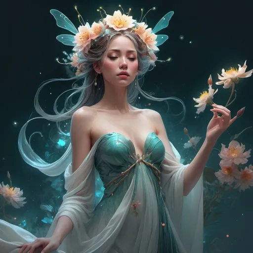 Prompt: Full View ultrarealistic Portrait ethereal fantasy deity wearing beautiful gown, flowers, spirituality, levitating, 4k digital masterpiece by Anna Dittman and Alberto Seveso Ruan Jia, rossdraws, artgerm and greg rutkowski and alphonse mucha and loish and WLOP, fantasycore, Hyperdetailed, fractals, scribble art, realistic digital painting, atmospheric, fireflies, soft lighting, featured on Artstation