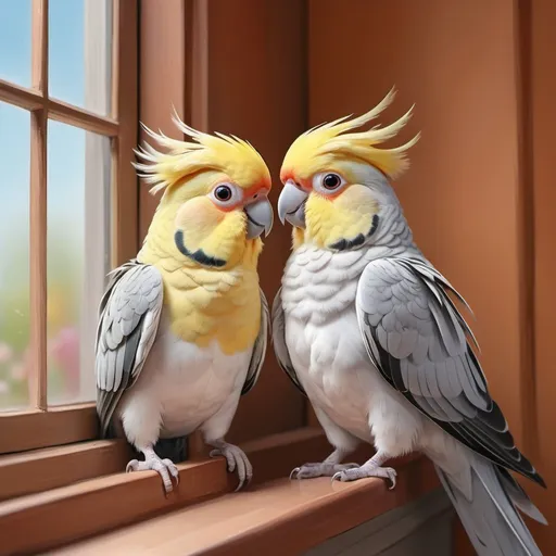 Prompt: Feathered cockatiel, vibrant crest, playful peek-a-boo, curious wide-eyed cat, mesmerized feline, window ledge interaction, indoor setting, soft pastel colors, detailed feathers and fur, realistic style, heartwarming moment, natural lighting, whimsical ambiance, pet companions, digital illustration, high resolution, emotional connection.