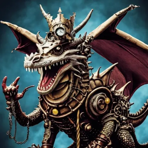 Prompt: Dragons magical Startled Steampunk 12th Century court Jester dragon with king accoutrements humorously reacts with a startled scream