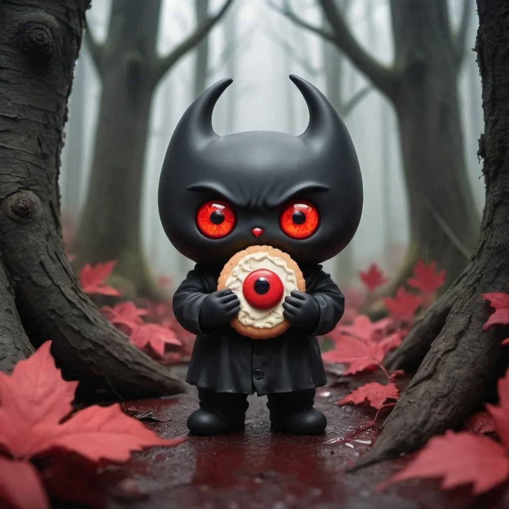 Prompt: a tiny, cute, red-eyed evil with a cookie on the background of a gloomy forest