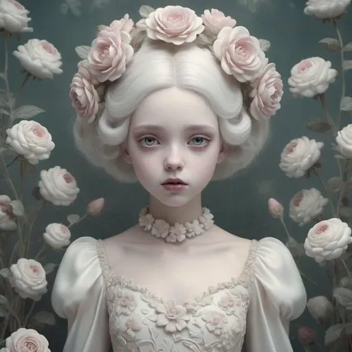 Prompt: Porcelain girl with flower hair, silk dress, white skin with heavy makeup, extremely ghostly white, floral background, candy color tones, soft, dreamlike, surrealism, intricate details, 3D rendering, octane rendering. Nicoletta Ceccoli style. By Monique Moro