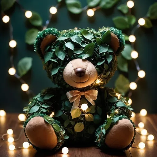 Prompt: A cute teddy bear made up of dark green leaves and twinkle lights perfect for profile picture