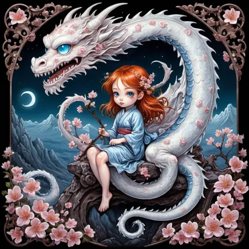 Prompt: surrealism,  cute tiny  ginger-haired ghost Yokai  girl  sitting on a   big Asian  ghost dragon made of cherry flowers, cute little ghosts, acrylic painting on glass, Victorian fairy painting, fantasy, fairytale,  , ultra highly detailed, , 32k,  Asian folklore,   by Craola,  luis royo
 Dan Mumford,   Todd Lockwood, storybook illustration,    extremely big sharp  blue glowing   eyes, detailed night sky,  moon, moonlight,  windy, falling petals, night,  golden stars, clouds, mountains, , stained glass, , mystical, unusual   intricated, masterpiece, high quality, vibrant colors, attention to details, 