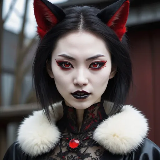 Prompt: A vampire kitsune hybrid evil female cybernetic human Japanese. her fur is black  modest fully clothed face portrait beautiful, red lips, fangs haze, ultra-detailed, film photography,,modest, fully clothed, utterly terrifying.