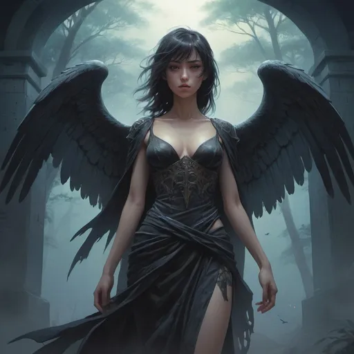 Prompt: (((half body))), dark fantasy illustration, oil painting, vivid color palette, masterpiece, Highly detailed, cinematic scene, perfect composition, dramatic, dainty, ornate, dynamic pose, Darkness, surreal portrait , ethereal translucent,  dense fog,  Spectral, Shadowy, Immaterial, Otherworldly, necropolis, 

Beautiful, young female, grim reaper, dark angel, magic, raw power, RPG, Fantasy, 

style of makoto shinkai, james gilleard, reg rutkowski, chiho aoshima, luis royo, sharp  focus, Mysterious, Mysterious