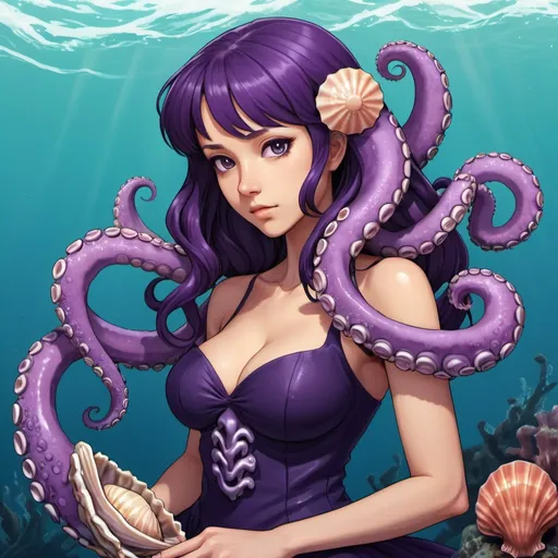 Prompt: Octomaid with deep purple octopus tentacles and a sea-shell and kelp top, background ocean, in visual novel art style