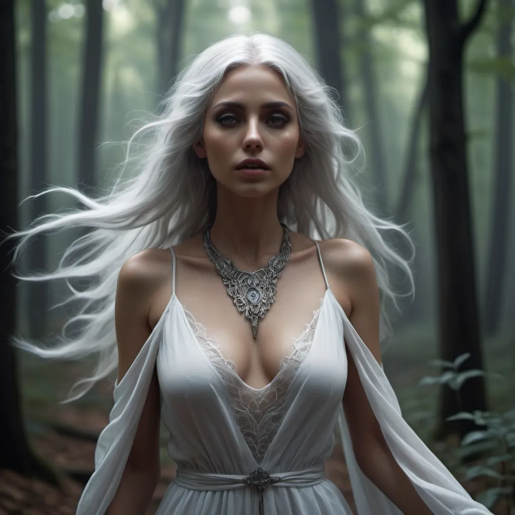 Prompt: Generate an ultra high definition (8k) image of a stunning Ghost Woman walking through a forest, long silver hair blown by the wind, necromancer. The image should be a close-up, capturing her in motion in a low-cut outfit. The woman should be adorned with a large amount of jewelry with occult symbols, showing intricate and hyper-realistic details. The overall aesthetic of the image should be a mix of neo-futuristic glamor and dark, mystical elements. To emphasize the beauty and mystique of the woman, use edge lighting, moonlight, global neon lighting and other dark neon lighting techniques. Attention to symmetry is crucial to achieving a masterpiece, and the image must pay close attention to small details, macro details and ultra-detailed textures. Additionally, incorporate volumetric lighting for a sense of depth and realism. Realistic reflections on surfaces will improve the overall image quality. The end result should be incredible, with cinematic effects and an inner glow that adds to the mysterious atmosphere., Mysterious