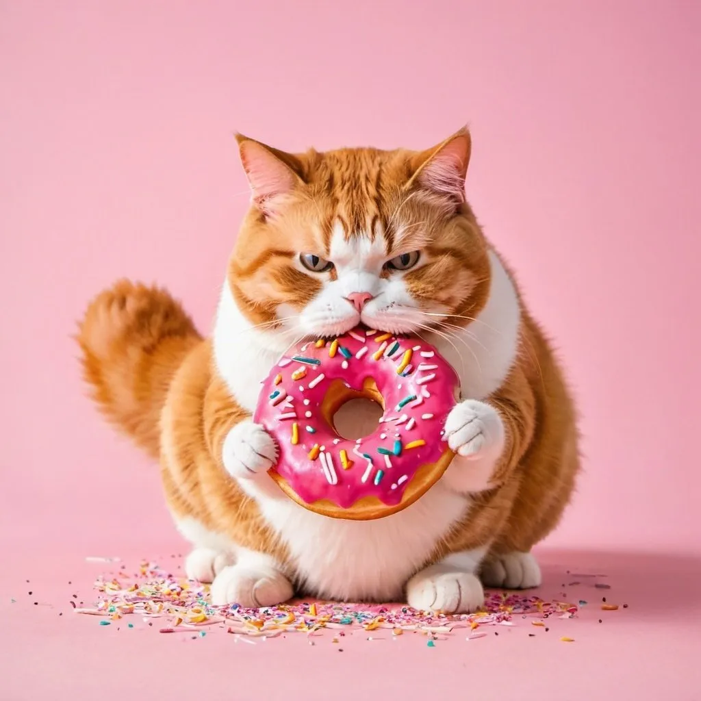 Prompt: chubby orange cat eating a pink donut with sprinkles