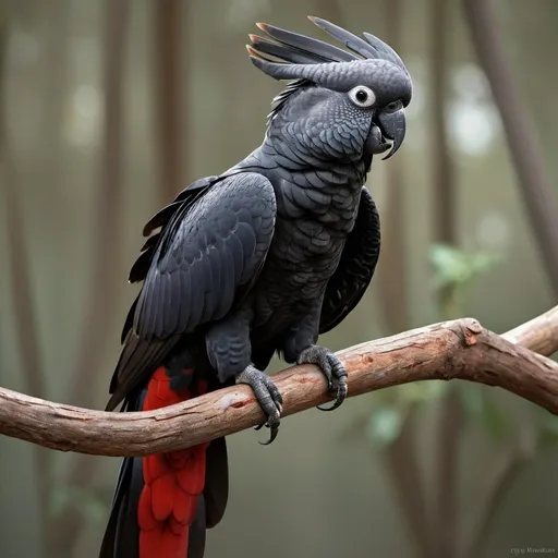 Prompt: A Red Tailed Black Cockatoo,whole body ,open red tail,stand on branch,telephoto photography, Crazy details. , trending on artstation, sharp focus, studio photo, intricate details, highly detailed, by greg rutkowski