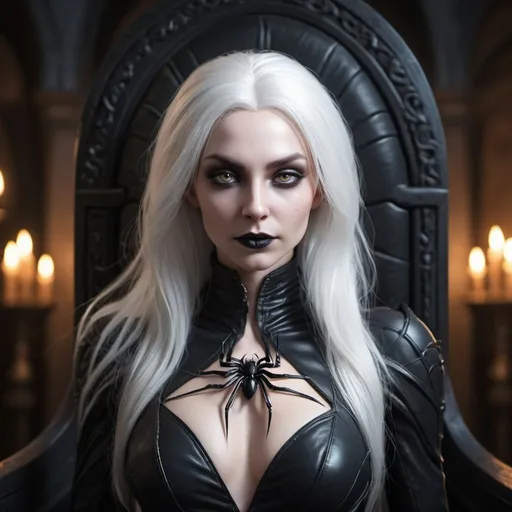 Prompt: RAW photo, Lolth, pale-skinned amazingly gorgeous the wonderful evil drow goddess of darkness, the spider queen, demon, walks through the dark throne castle in the rays of light, spectacular leather black jumpsuit, luxurious thick long white hair, high detail, hotter, closer, mature, dark fantasy epic, bending, aesthetic, beautiful, dark realism, 4k, high resolution, lumen, customizing face, fullbody, gorgeous, textures, relief