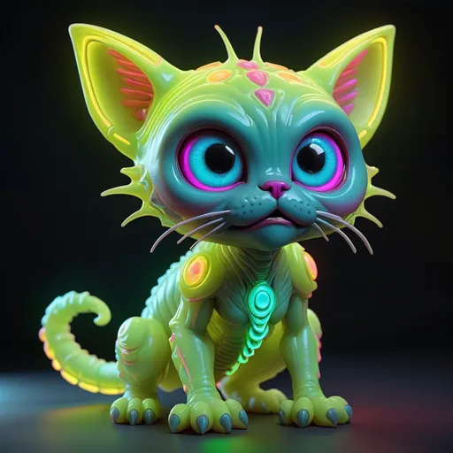 Prompt: gelly cute adorable alien monster, full-body, neon glow colors, highly intricate details, 3d, cgi, realistic light, trending on cgsociety, glowing eyes, facing camera, neon details, ultra realistic details, portrait, sci fi atmosphere, global illumination, shadows, octane render, 8 k, ultra sharp, cat attributes, smooth skin, friendly, luxury toy, shiny tail, shiny chakras, lime or sky blue