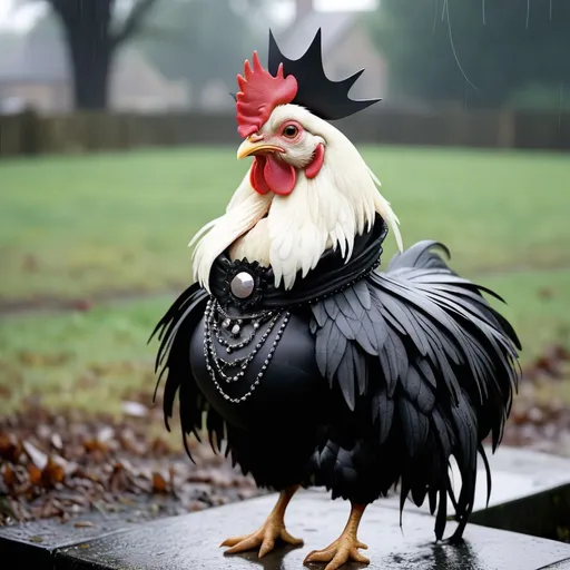 Prompt: goth metaphorical chicken haute couture on a gloomy rainy bumbershoot fashion set 