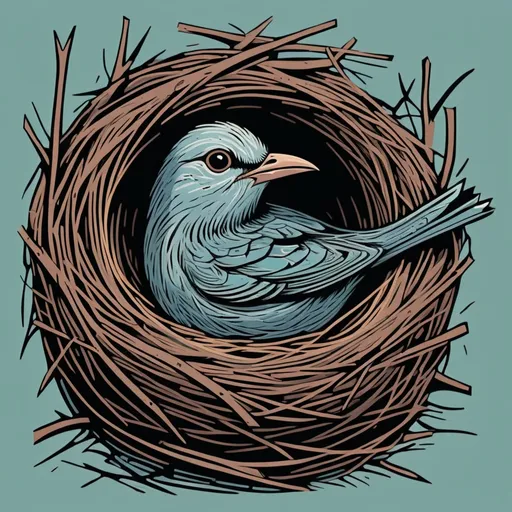 Prompt: Linocut illustration of bird in a nest