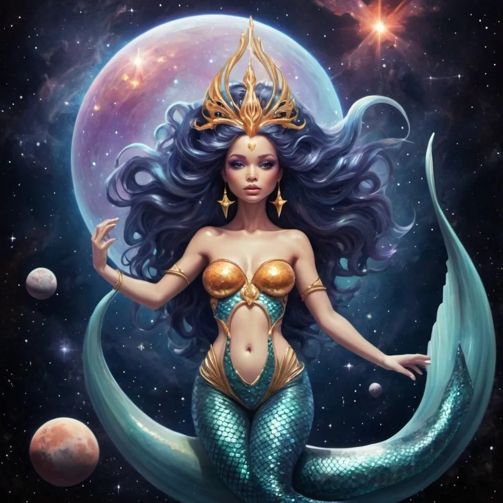 Prompt: A creation of a cosmic mermaid goddess in outer space!