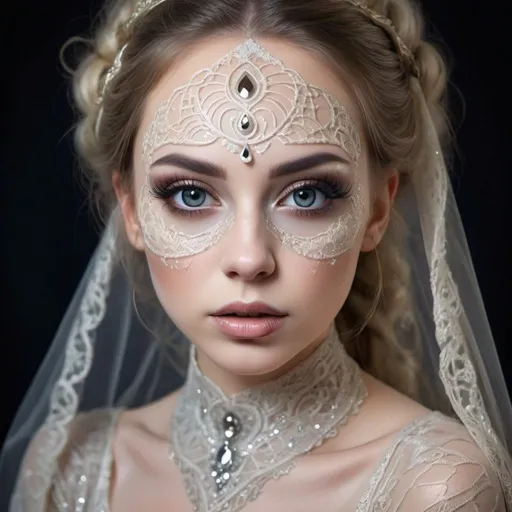 Prompt: professional photo, beautiful ectoplasm girl, deep ivory makeup, large expressive eyes, long eyelashes, filigree patterns with crystal thin threads, gorgeous hair, glitter on the face, plump lips, woven from the finest veils with sparkles, anthropomorphic creature