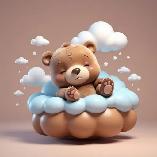 Prompt: cute baby fat brown bear rides a cloud float in the air, sleep,3D kawaii style