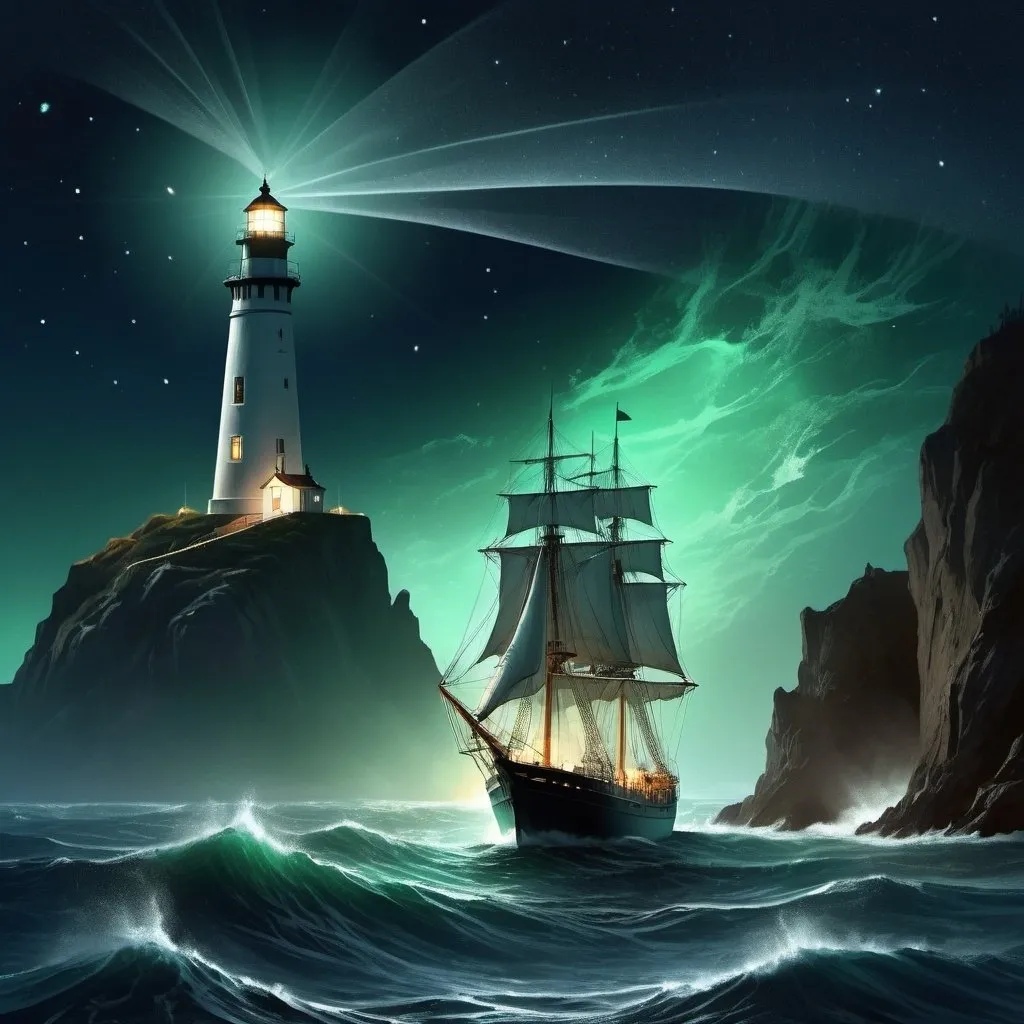 Prompt: Midnight ocean voyage, sail vessel nearing a towering lighthouse, beacon piercing the nocturnal veil, waves caressing hull, constellations gleaming overhead, serene, sailboat's silhouette against soft glow of deck lights, lighthouse perched on jagged cliffs, emerald sea, celestial navigation, digital painting, volumetric lighting, ultra realistic