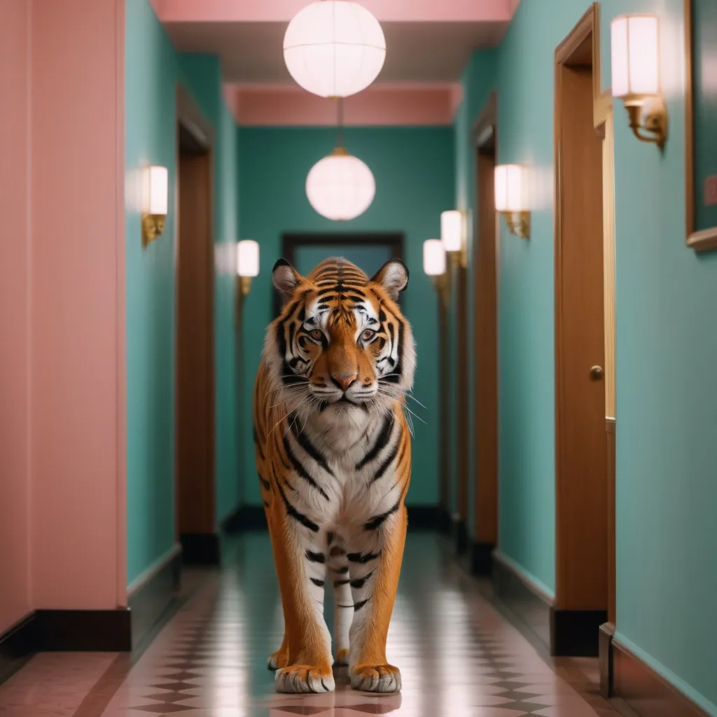 Prompt: (extreme long shot), profile of a tiger standing at the end of a hallway in Wes Anderson Hotel, cinematic pastel lighting, cinematic photo, focus, film, professional, 4k, highly detailed