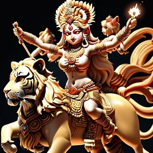 Prompt: Goddess Durga, a powerful and fierce deity in Hindu mythology, symbolizes courage, strength, and protection. She is depicted riding a lion or tiger, wielding various weapons in her multiple arms, representing her divine powers to combat evil and ignorance. Durga is celebrated during Navratri, a nine-night festival, where her victory over the demon Mahishasura is commemorated. She embodies the unity of divine forces, often manifested in different forms like Parvati, Kali, or Ambika. Durga's worship signifies the triumph of good over evil and invokes her blessings for inner strength, courage, and the eradication of obstacles.