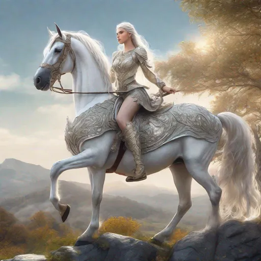 Prompt: Elf princess on a majestic white horse, breathtaking view, realistic,, ultra hd, realistic, vivid colors, highly detailed, UHD drawing, pen and ink, perfect composition, beautiful detailed intricate insanely detailed octane render trending on artstation, 8k artistic photography, photorealistic concept art, soft natural volumetric cinematic perfect light