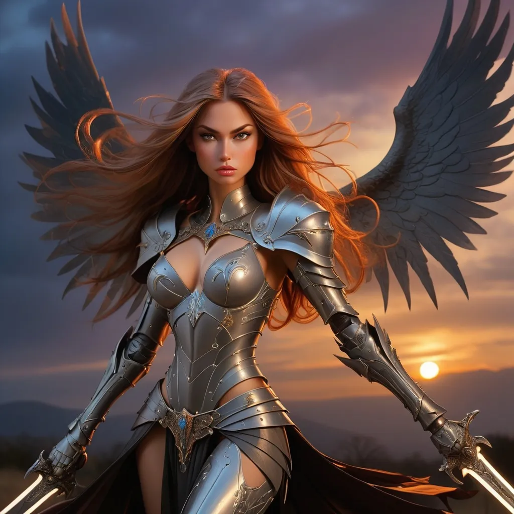 Prompt: angelic godess witchblade, spread dark angel wings, in the twilight sky, medieval armor with geoglyph engraves, in action, with a lumino kinetic glowing sword, style by William Oxer, Nickolas Muray, Aliza Razell, Charles Robinson, esao Andrews. faerietale couture, dark fantasy,