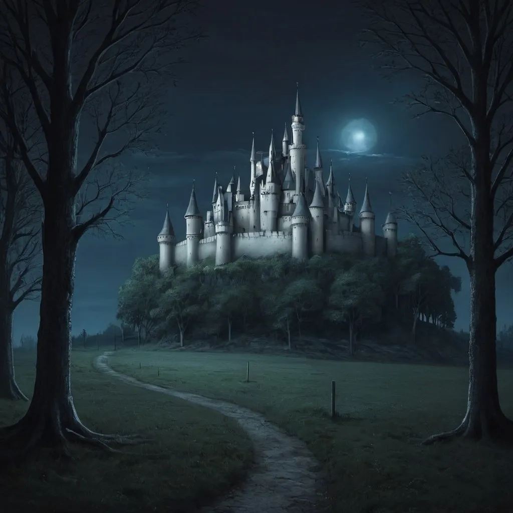 Prompt: A place where has many trees. And far behind there is a tall castle. It is night now.