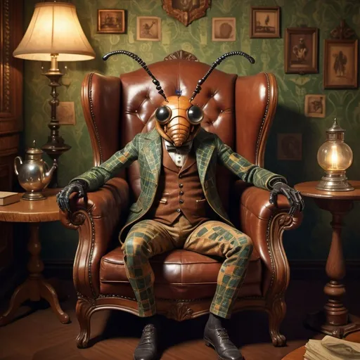 Prompt: Anthropomorphic insect with human-like posture and features, seated in a vintage leather armchair, holding a monocle, chessboard on a wooden table in foreground, Victorian library setting, intricate wallpaper pattern, shadows dancing from an oil lamp, chiaroscuro effect, detailed textures of the insect's exoskeleton, rich, warm color palette, octane rendering