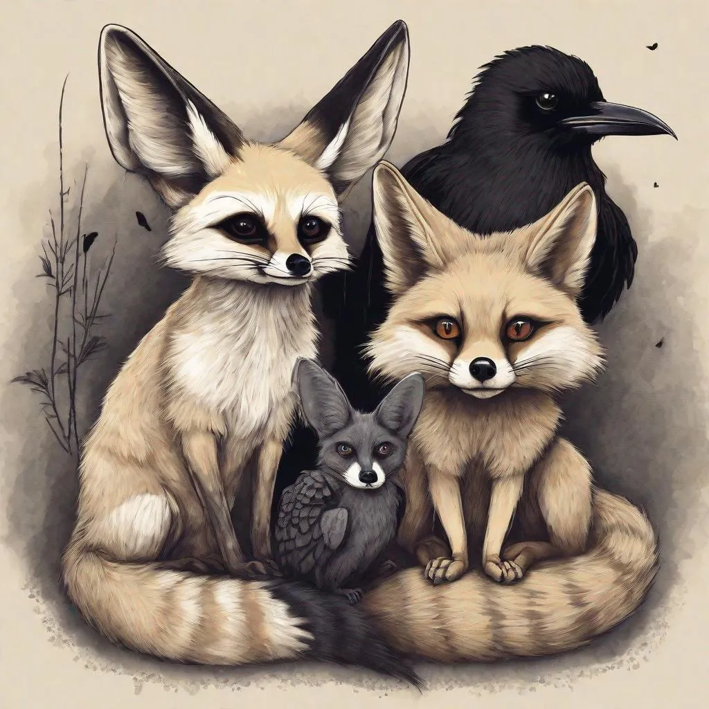 Prompt: fennec fox, raccoon and crow all sat together 