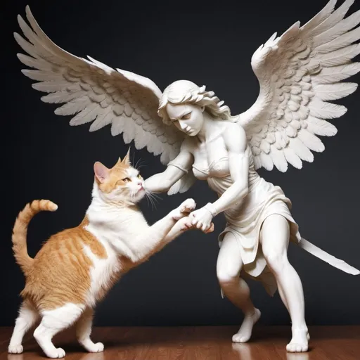 Prompt: fierce angel fighting against angry cat
