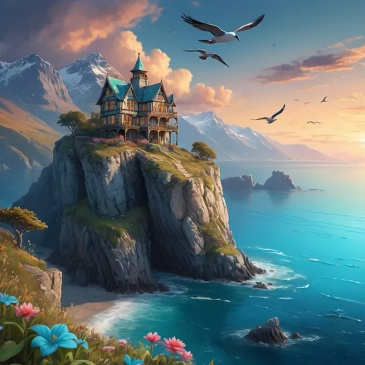 Prompt:  Fantasy medieval house with ornate inscriptions, nestled on a coastal cliff during sunset, turquoise and royal blue ocean waters below, leaves caught in a gentle wind sweeping towards the sea, seabirds gliding near the horizon line, twilight sky transitioning into night with majestic clouds, nearby valley boasting exotic flora and blooming meadow flowers, fjords, distant snow-capped mountains providing a dramatic backdrop, ultra HD,