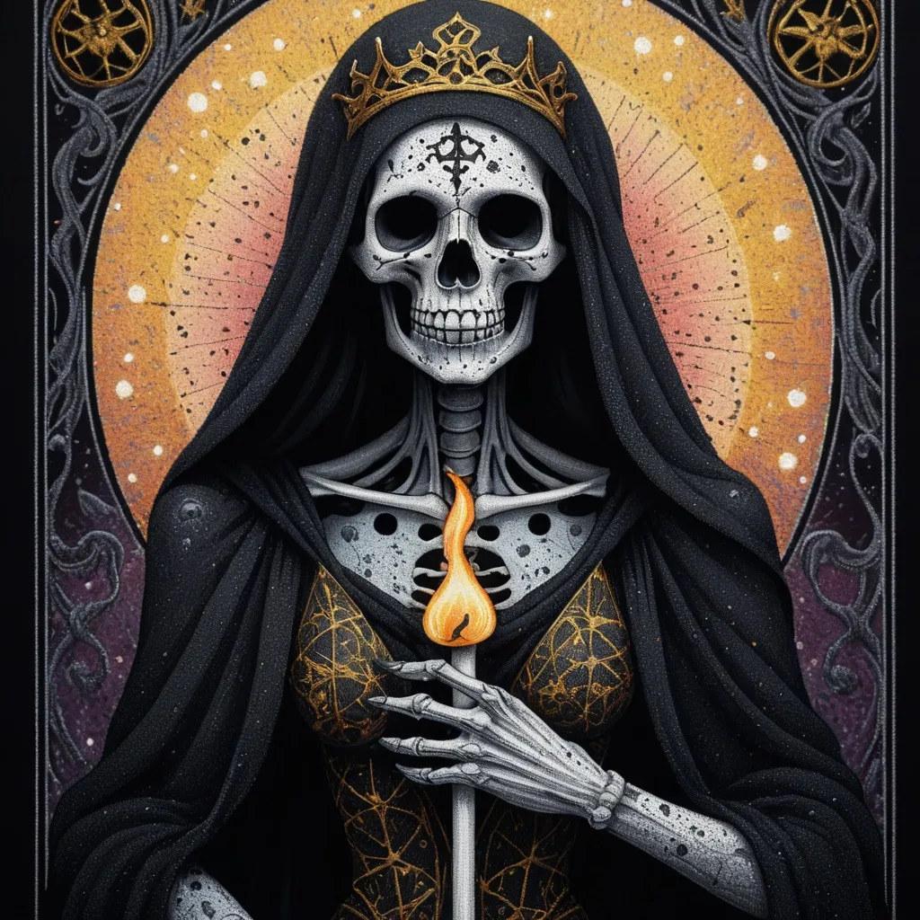 Prompt: « The death » tarot card, blackwork art, pointillism art, high resolution, high details level, soft and mystic ambiance, creative graphism, smooth light gradients