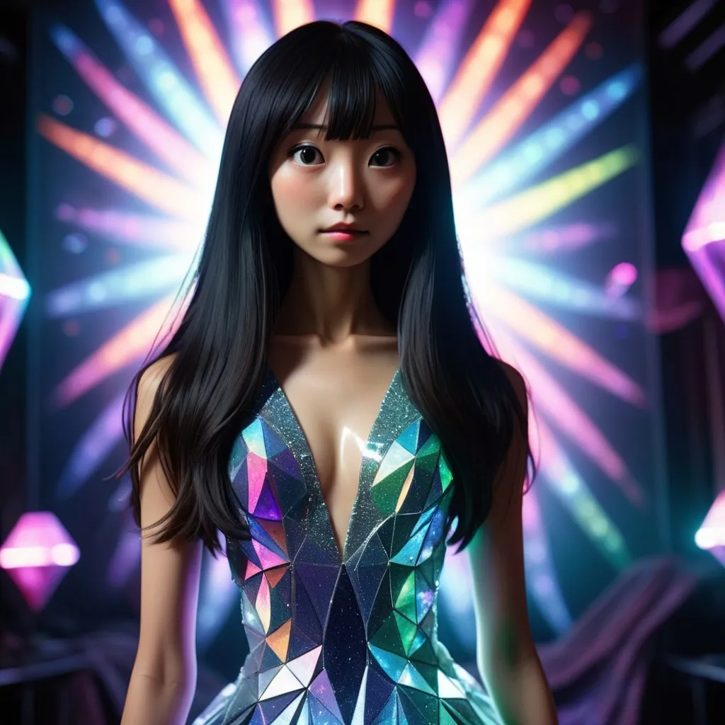 Prompt: Photorealistic Sadako Yamamura in a diamond dress in a Glowing cosmic rave venue.