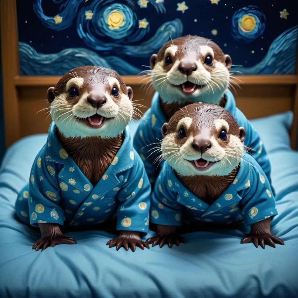 Prompt: Starry night background: style of Vincent Van Gogh. 
chibi otters smile in BLUE PAJAMAS getting ready for bed.Cinematic film still, shot on v-raptor XL, film grain, vignette, color graded, post-processed, cinematic lighting, 35mm film, live-action, best quality, atmospheric, a masterpiece, epic, stunning, dramatic