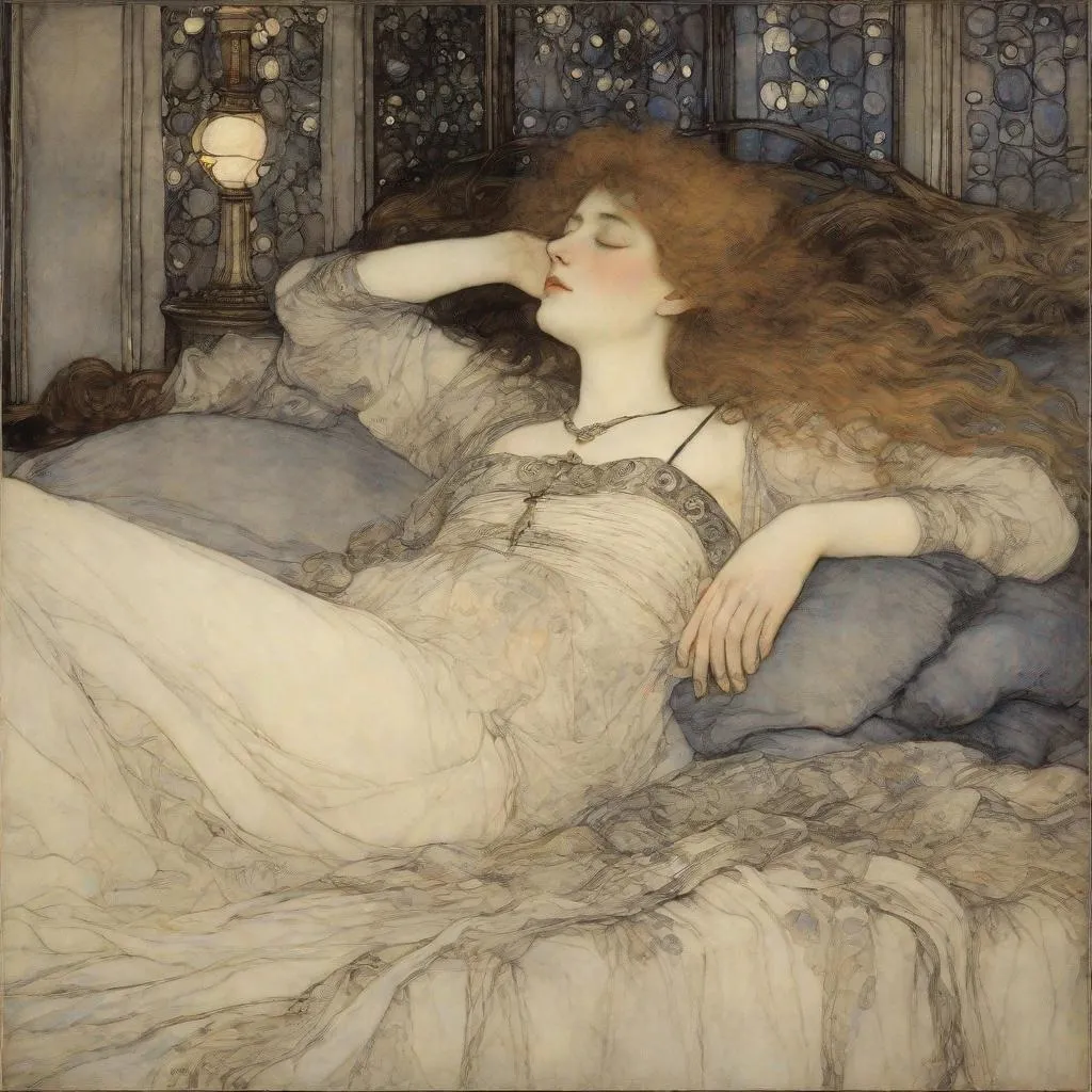 Prompt: Arthur Rackham  
Gustav Klimt

Softly, O midnight Hours!
Move softly o'er the bowers
Where lies in happy sleep a girl so fair!
For ye have power, men say, Our hearts in sleep to sway,
And cage cold fancies in a moonlight snare.
Round ivory neck and arm Enclasp a separate charm;
Hang o'er her poised, but breathe nor sigh nor prayer:
Silently ye may smile,
But hold your breath the while,
And let the wind sweep back your cloudy hair!