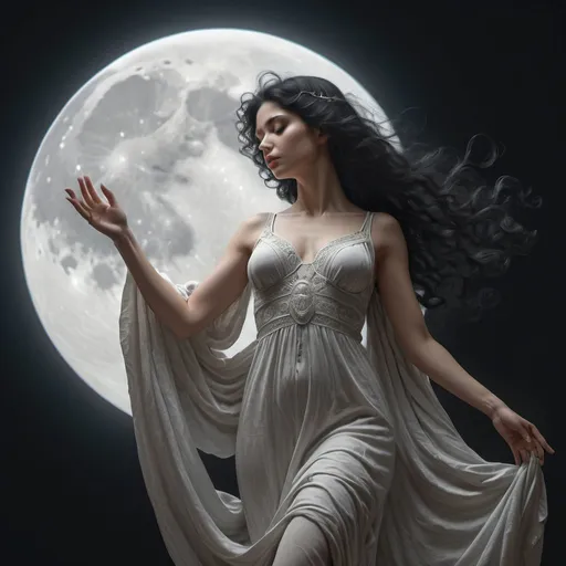 Prompt: Full size head to toe Moon Goddess angel elevated in the air , very detailed, black hair , beautiful long dress , perfect composition, beautiful detailed intricate insanely detailed octane render trending on artstation, 8 k artistic photography, photorealistic concept art, soft natural volumetric cinematic perfect light, chiaroscuro, award - winning photograph, masterpiece, oil on canvas, raphael, caravaggio, greg rutkowski, beeple, beksinski, giger