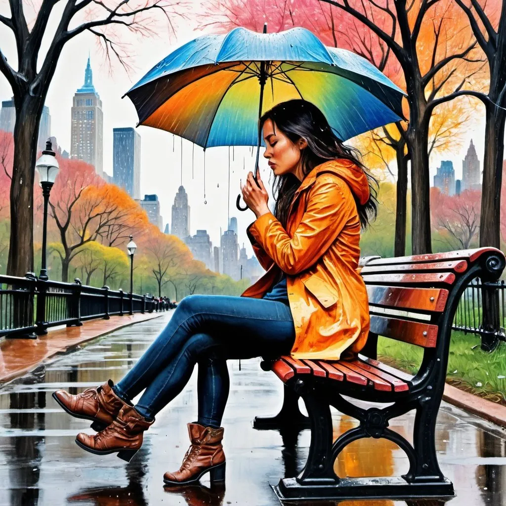 Prompt:  a beautiful colorful story about woman, who sits in the rain on a bench in Central Park, leaning back and throwing her head back. Intricate and impressive illustration, Anatomically correct, oil on canvas with large brushstrokes, drops of ink, clear lines, sharp strokes, verbatim, vivid colors, masterpiece, perfect composition Rovina Cai color pen and ink drawing  
