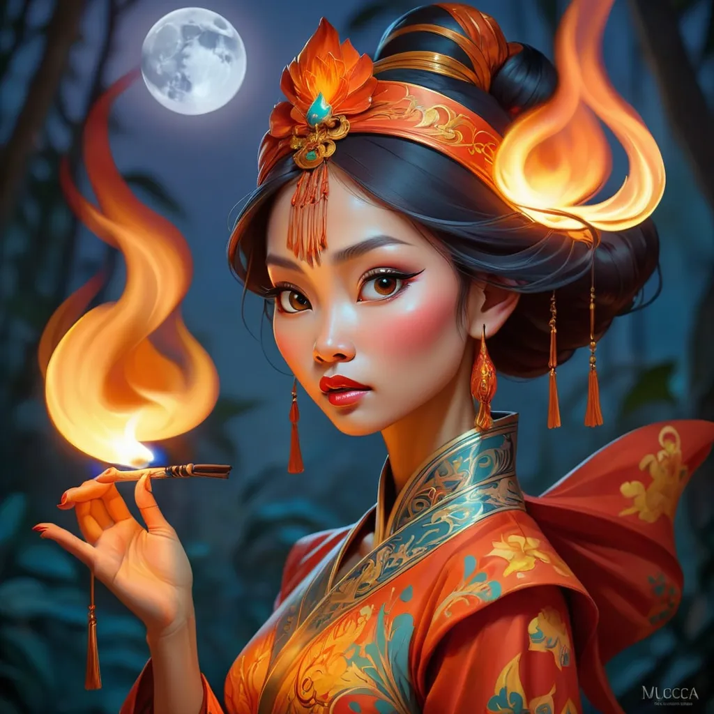 Prompt: Art Noveau by Muccia,  Vietnamese lady, Khon flame dancer,  Art Noveau  muccia illuminated by firey moonlight.