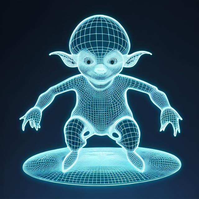 Prompt: 3D transparent holographic projection of a (holographic glowing wireframe goblin character:1.3), transparent, translucent, glowing, holographic, ghost, pellucid floating above a stage, transparent