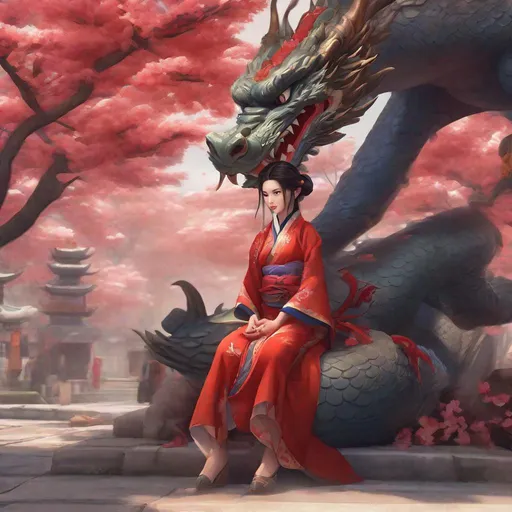 Prompt: gorgeous oriental woman in national clothes sitting next to a big dragon creature, red dress, tender beautiful face, cute face, dark hair, detailed skin, watercolor, stunning, historical clothes, stunning oriental clothes, national clothes, mid shot, oriental town, blowing sakura, tender cozy lightning, beautiful, cute, detailed face, 3dart, pixar trend, best quality, unreal engine, cozy lighting, intricate details, detailed drawing, atmospheric, best quality, unreal engine, cozy lighting, detailed digital painting, cinematic, hyper realistic, trending on artstation, aesthetic, inspirational, cartoon, illustration, deviantart