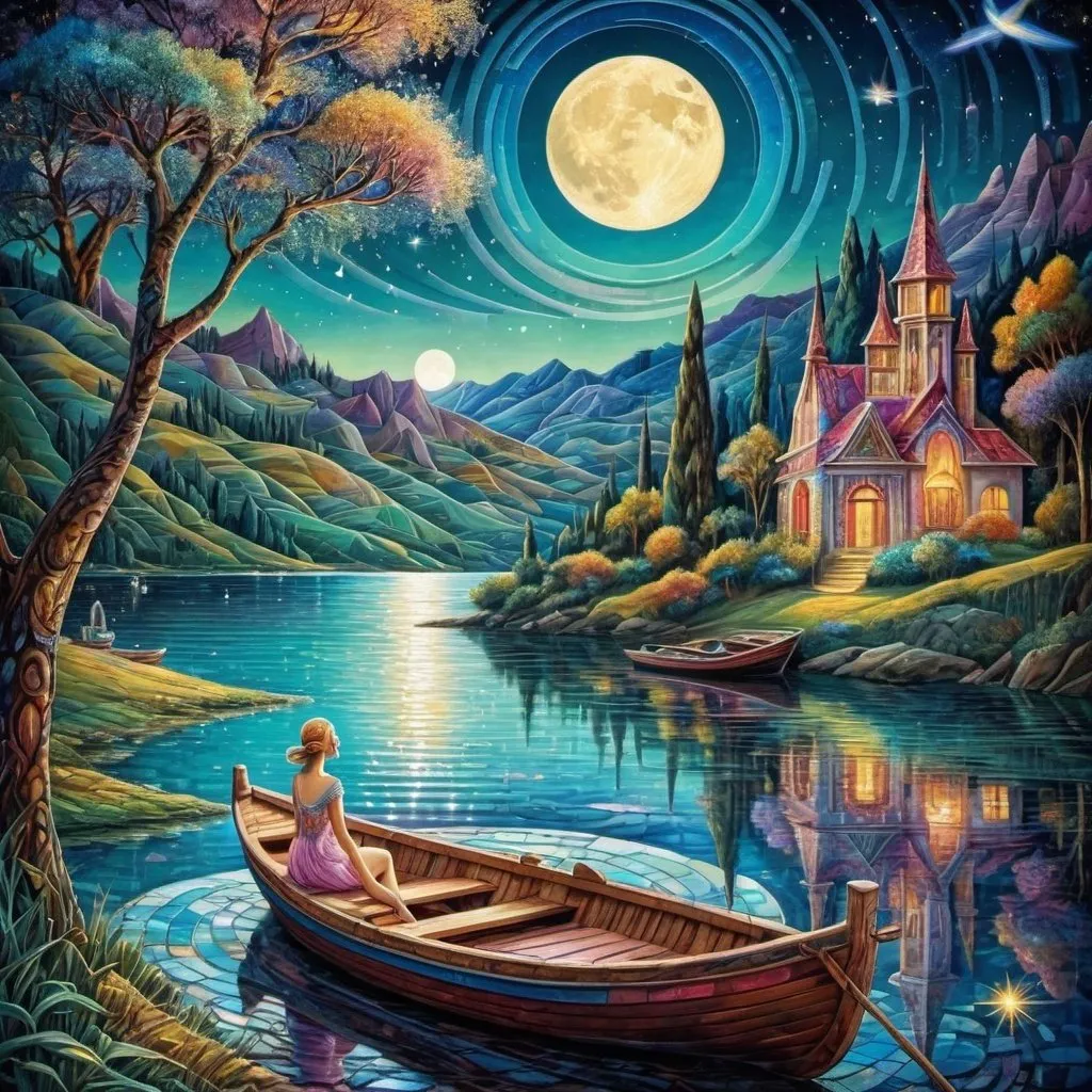 Prompt: Lake with boat and beautiful woman under moonlight with shooting stars art deco Josephine Wall contrasting colors cubism majolica Cinema 4D detailed elaborate landscape colourful