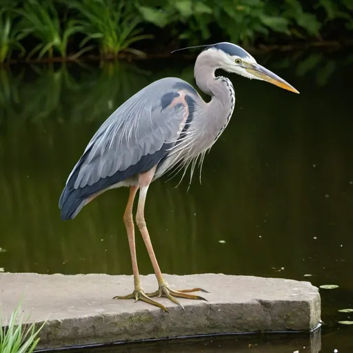 Prompt: Heron  standing on one leg outside pond with a crab