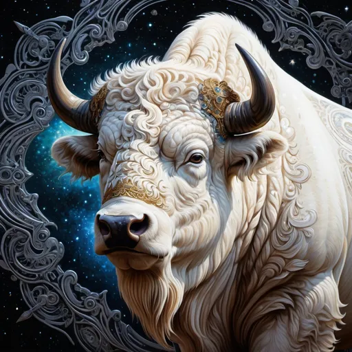Prompt: art by  todd lockwood 

ultra highly detailed, detailed 
Sacred  White Bison


Shimmering
swirling glitter,  digital painting, highly detailed, filigree, intricated, intricated pose, clarity, high quality, centered, symmetry, painted, intricate, volumetric lighting, beautiful, rich deep colors masterpiece, sharp focus, ultra detailed, in the style of dan mumford and marc simonetti, astrophotography