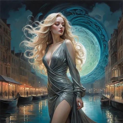 Prompt:  Moonlit and surrounded by a vibrant cityscape, a stylish and alluring young woman with pale skin and long blonde hair, is depicted with many intricate details. She is shown in full figure in a dynamic pose. The scene includes flickering neon lights, an enchanted lake, and silver lined clouds. With spirals and swirls all around her, The artwork is in the styles of Marc Simonetti, Paul Delvaux, Dante Gabriel Rossetti, Fabian Perez, Robert Cottingham, Henry Asencio, Richard Burlet, Dirk Dzimirsky, Karol Bak; architecture and furniture is by Le Corbusier, EdoardoTresoldi, and Zaha Hadid. The lighting in the piece is soft and mesmerising, creating a unique 3D Bas Relief effect with hyper colours and textures. The composition is intricate and detailed, with a resolution of 16K